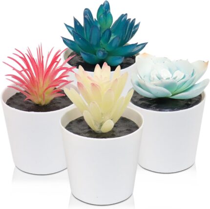 Colourful Potted Flowers Fake, Artificial Succulent,Fake Succulents,Small Fake Plants,Colorful Succulents Plants Artificial,Cubicle Decorations,Mini Plants for Bookshelves.(4/Colourful)