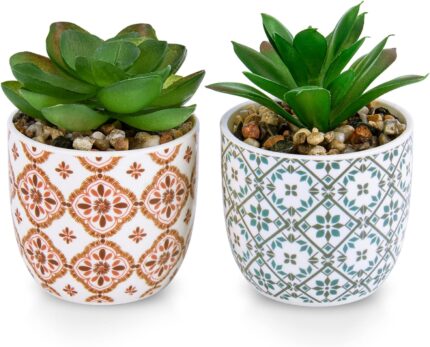 2 Pack Artificial Plants Mini Succulent Flowers in Ceramic Pot Small Fake Plants Potted for Home Office Desk Decor,Farmhouse Room,Bedroom,Shelves Decoration