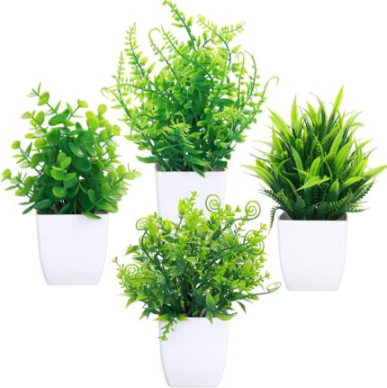 4 Pcs Fake Plants Potted Small Artificial Plants Indoor Faux Plants in White Pot Greenery for Home Office Bedroom Desk Bathroom Shelf Farmhouse Decoration